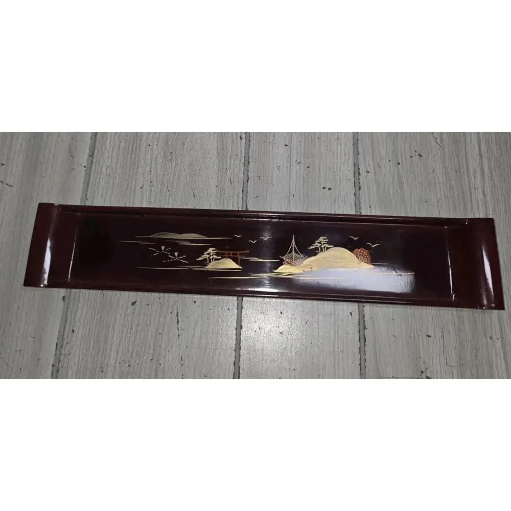 VTG Imaoka Trading Co Japan AIZU Sake Set 6 Cups Tray Deep Red Gold Beach Scene